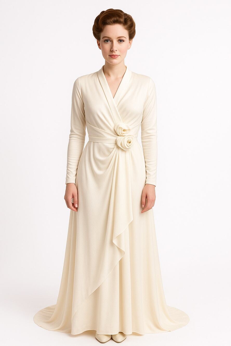 Vintage Ivory Wrap Gown w/ Rosette Detail ILGWU USA and hat wedding Dress XS